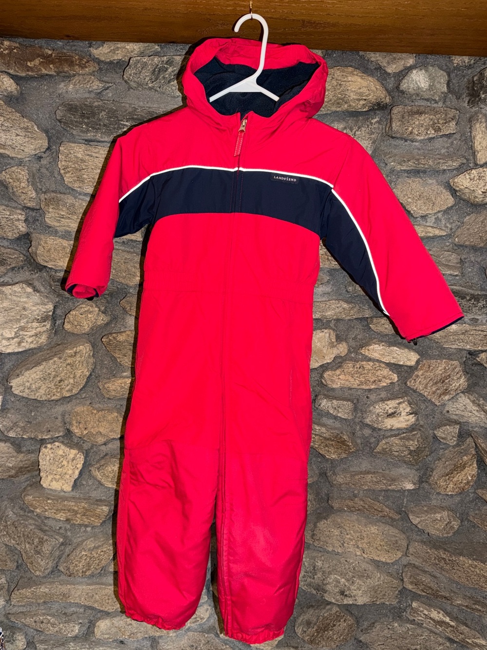 Lands' End Red and Navy Hooded Kids One-Piece Snowsuit